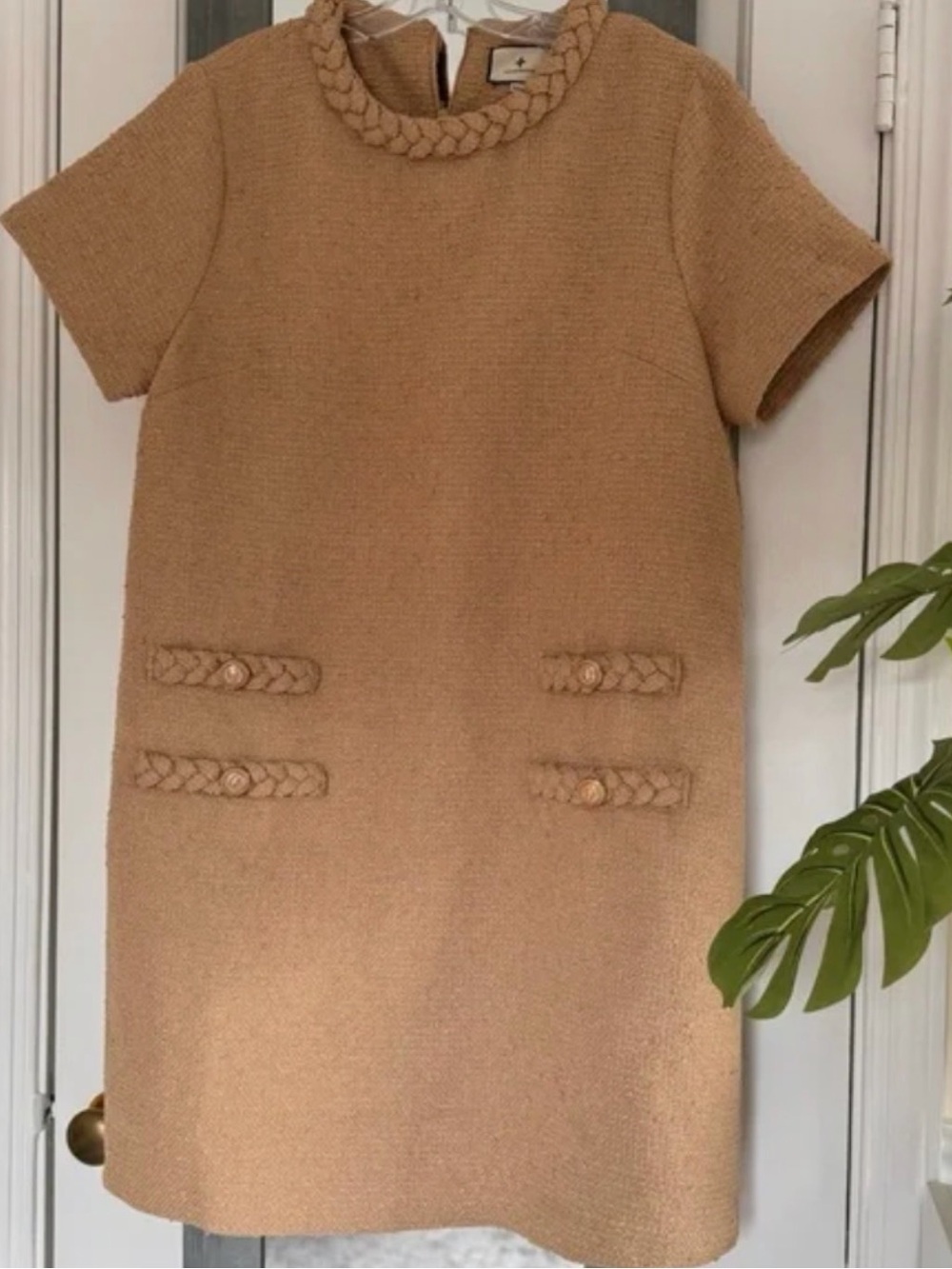 Tuckernuck Braided-Trim Short Sleeve Shift Dress in Camel